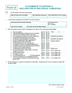 Statements to Support a Declaration of Biological Parentage