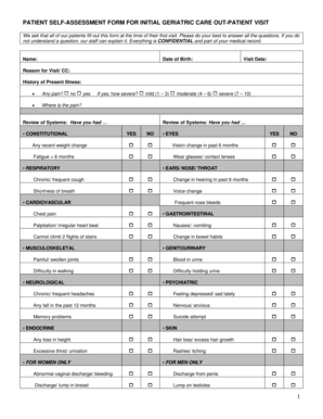 Patient Self-Assessment Form for Initial Geriatric Care Out-Patient Visit