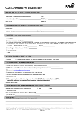 RAMS Loan Variation Fax Cover Sheet