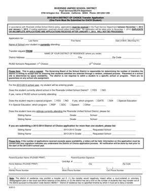 Riverside Unified School District Transfer Application