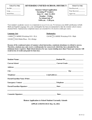 Riverside Unified School District Summer School Application