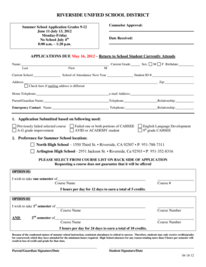 Riverside Unified School District Summer School Application
