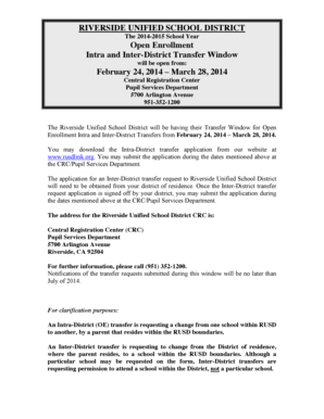 Riverside Unified School District Open Enrollment Transfer Application