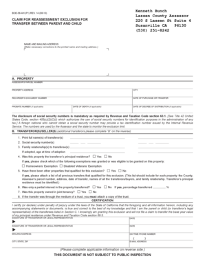 California Claim for Reassessment Exclusion for Transfer Between Parent and Child