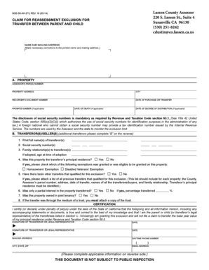 California Claim for Reassessment Exclusion for Transfer Between Parent and Child