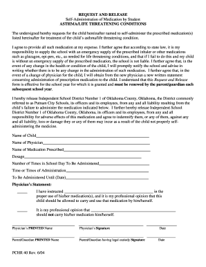 Request and Release for Self-Administration of Medication by Student