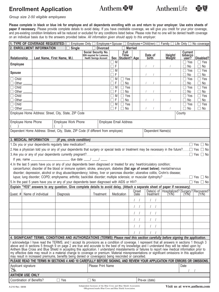 Anthem Small Group Enrollment Form Fill Online, Printable, Fillable