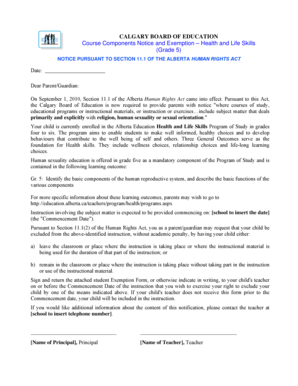 Course Components Notice and Exemption – Health and Life Skills