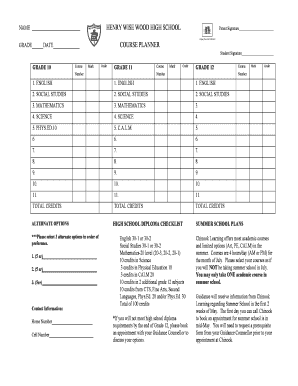High School Course Planner Form