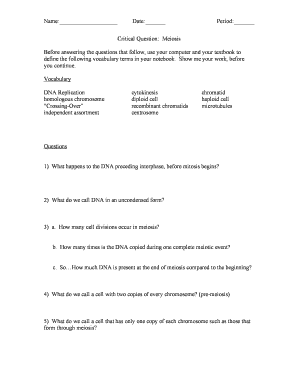 Meiosis Vocabulary and Questions Worksheet