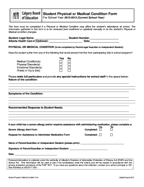 Student Physical or Medical Condition Form