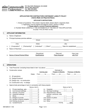 Contractors Contingent Liability Policy Application