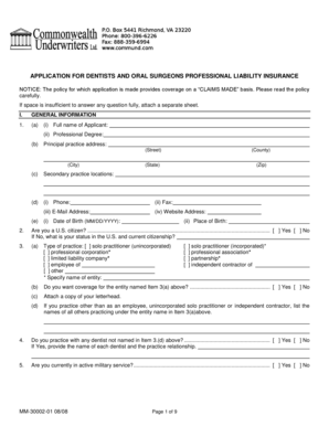 Dentists and Oral Surgeons Professional Liability Insurance Application