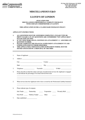 Miscellaneous Professional Liability Insurance Application