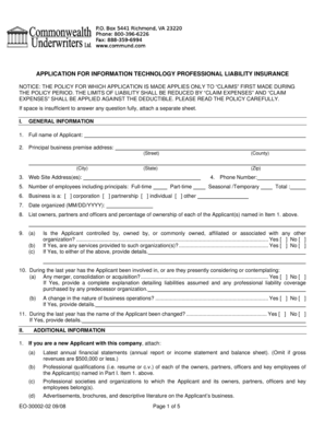 Application for IT Professional Liability Insurance