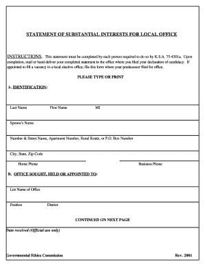 Kansas Statement of Substantial Interests for Local Office