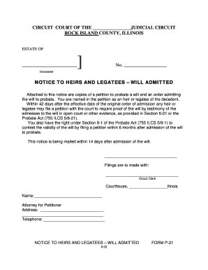 Notice to Heirs and Legatees – Will Admitted