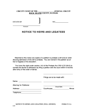 Notice to Heirs and Legatees (Will Denied)
