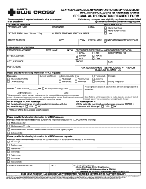 Special Authorization Request Form for Rheumatoid Arthritis Drugs