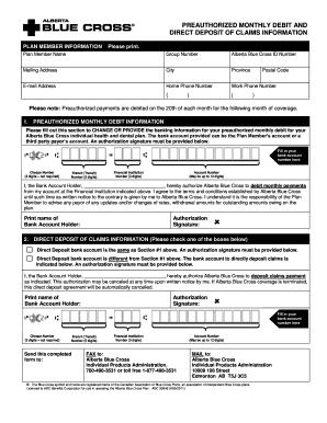 Alberta Blue Cross Preauthorized Debit and Direct Deposit Form