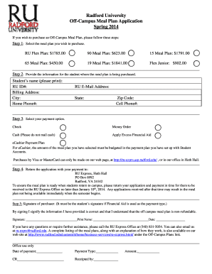 Radford University Off-Campus Meal Plan Application