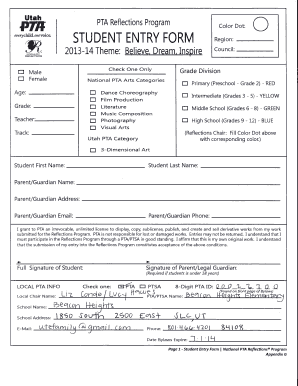 Utah PTA Reflections Program Student Entry Form