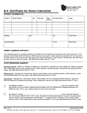 Utah Home Instruction Certificate S-4