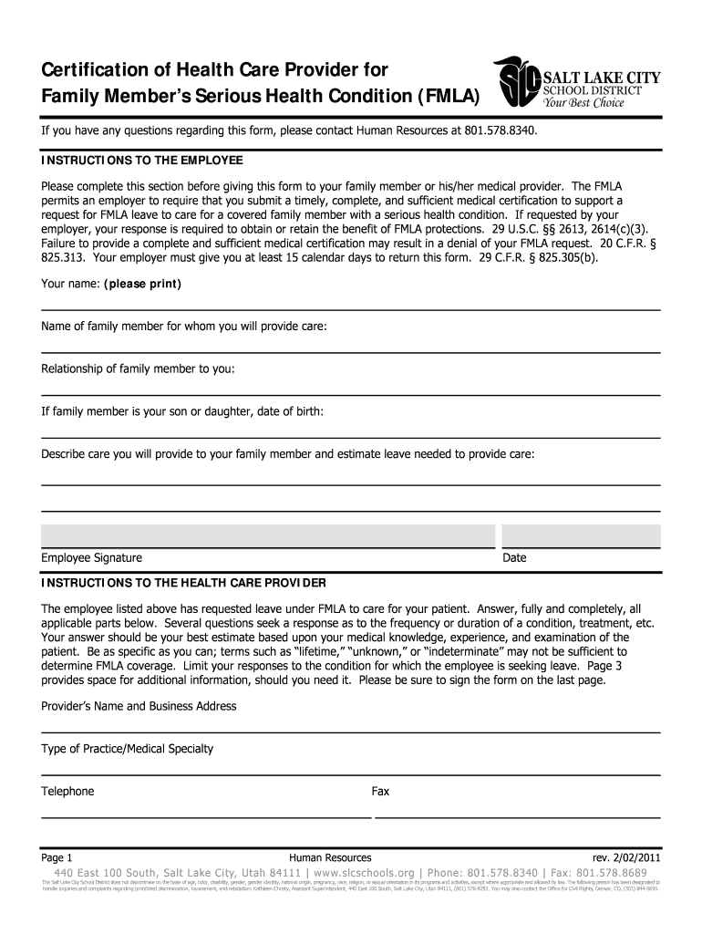 Fillable Online slcschools Family Members Serious Health Condition ...