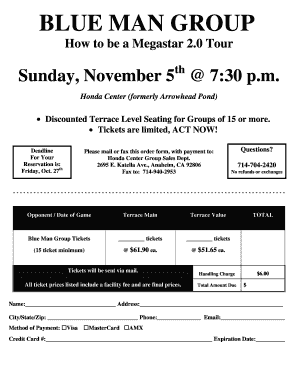 Blue Man Group Tour Ticket Order Form