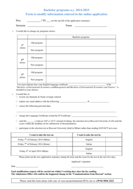 Bocconi University Bachelor Program Modification Form