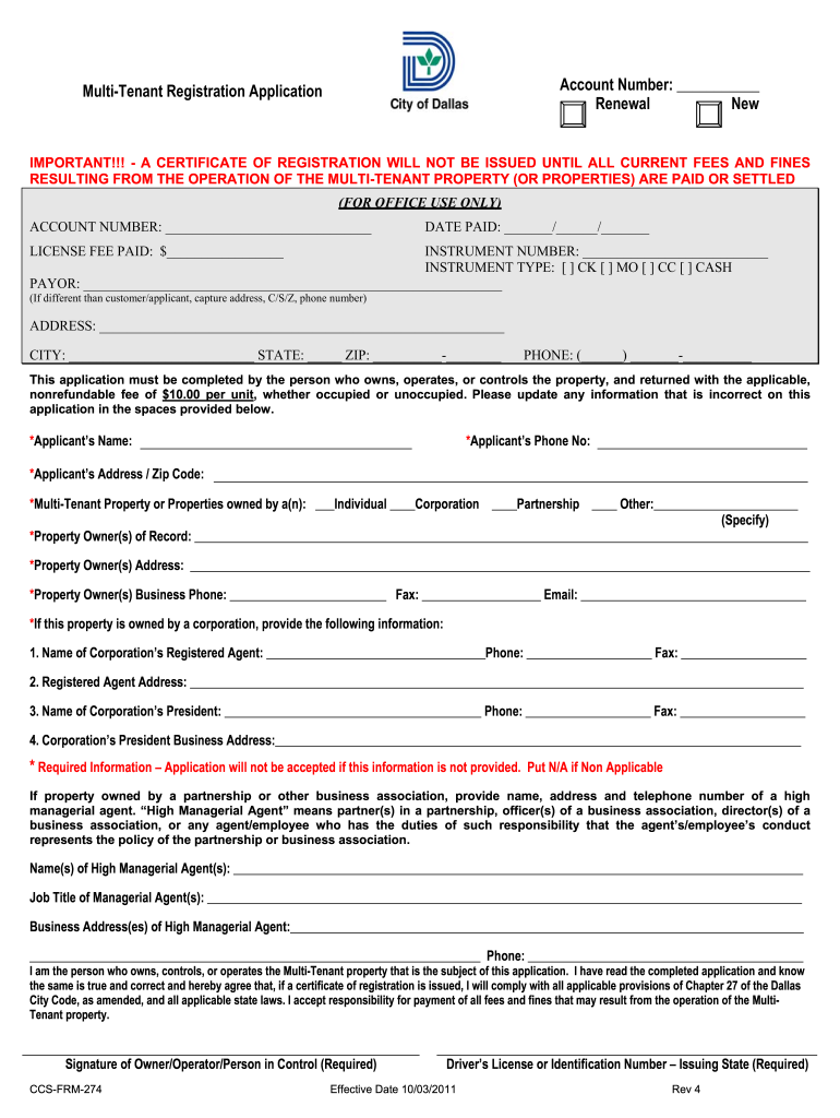 Renewal New Multi-Tenant Registration Application - City of Dallas - dallascityhall Preview on Page 1