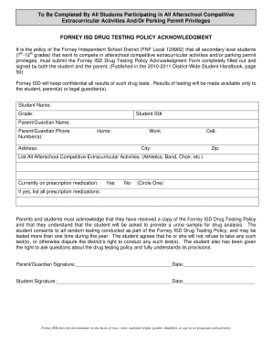 Forney ISD Drug Testing Policy Acknowledgment Form