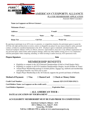 American CueSports Alliance Player Membership Application