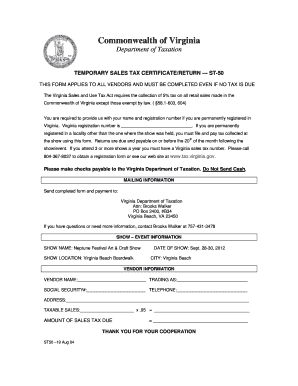 Virginia Temporary Sales Tax Certificate/Return ST-50