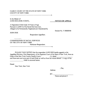 New York Family Court Notice of Appeal