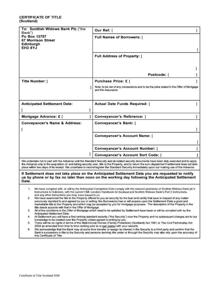 Fillable Online CERTIFICATE OF TITLE (Scotland) To: Scottish Widows ...