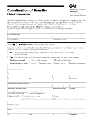 Blue Cross Blue Shield Coordination of Benefits Questionnaire