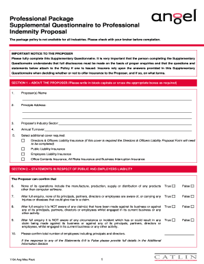Professional Indemnity Proposal Supplementary Questionnaire
