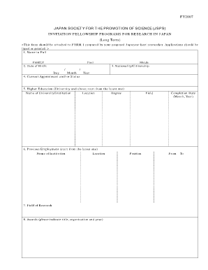 FY2007 JAPAN SOCIETY FOR THE PROMOTION OF SCIENCE (JSPS) INVITATION FELLOWSHIP PROGRAMS FOR RESEARCH IN JAPAN (Long Term) 1 - jsps go