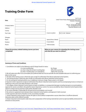 Training Order Form - Brown Industrial Control Systems Ltd