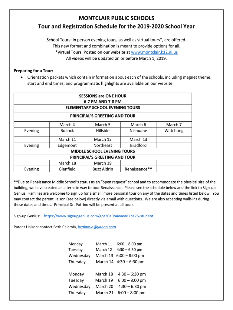 Fillable Online MONTCLAIR PUBLIC SCHOOLS Tour and Registration Schedule