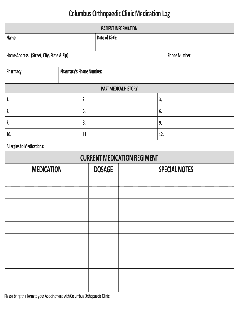 Columbus Orthopaedic Clinic Medication Log Preview on Page 1