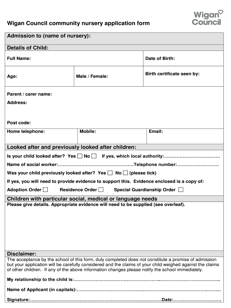 Fillable Online Wigan Council primary school transfer of school