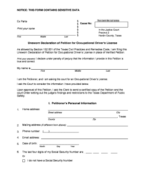 Unsworn Declaration of Petition for Occupational Drivers License