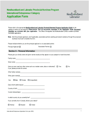 Newfoundland and Labrador International Entrepreneur Application Form