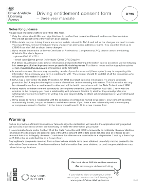 UK Driving Entitlement Consent Form D796