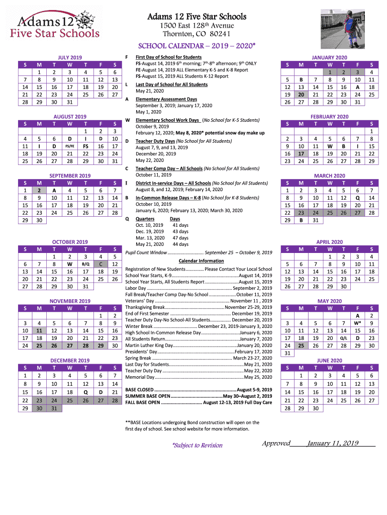 Fillable Online CalendarAdams 12 Five Star Schools Fax Email Print