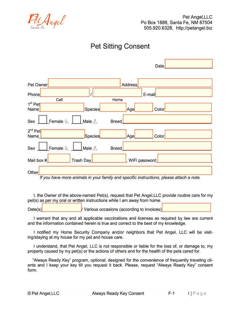 pet sitting consent form Preview on Page 1.