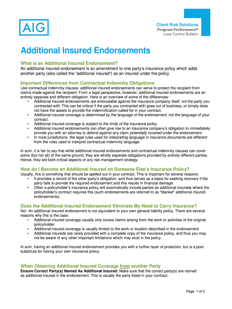Fillable Online What Does an Additional Insured Endorsement Cover