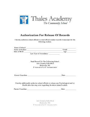 Authorization For Release Of Records - Thales Academy